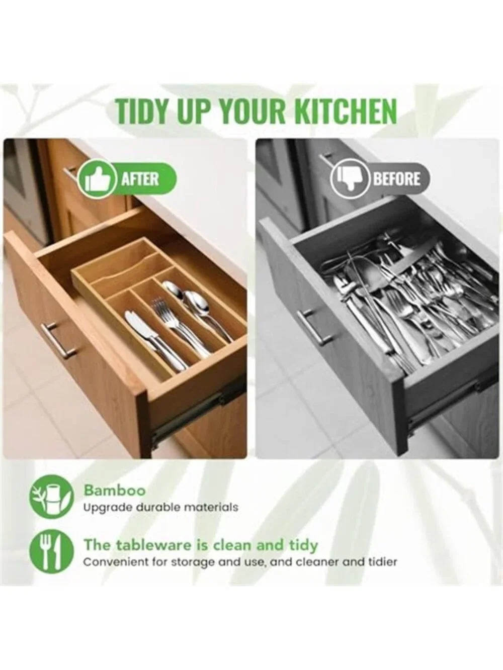Bamboo Silverware Drawer Organizer 5 Slot Flatware Utensil Divider Kitchen
